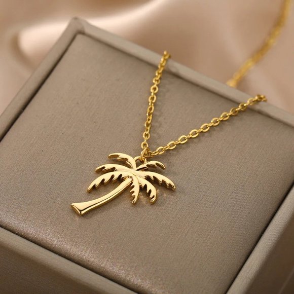 Gold Palm Tree Pendant Necklace Stainless Steel Coconut Tree, Beach Tropical - Picture 2 of 5